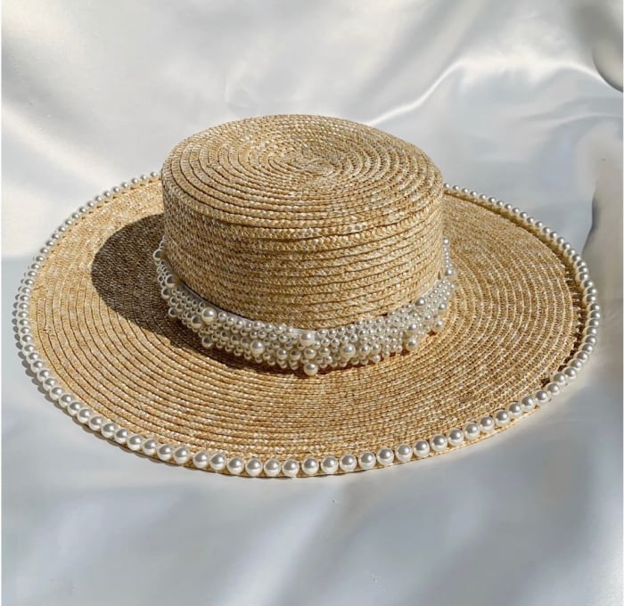 Palarie de Soare Handmade din paie cu Perle pe bor si bentita cu perle [2]