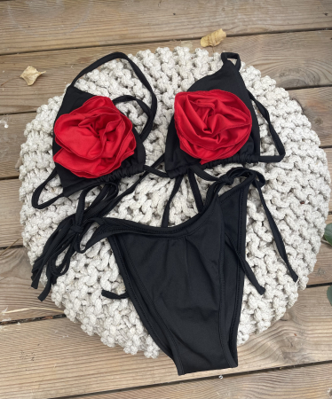 Costum de baie in doua piese Negru cu flori [2]