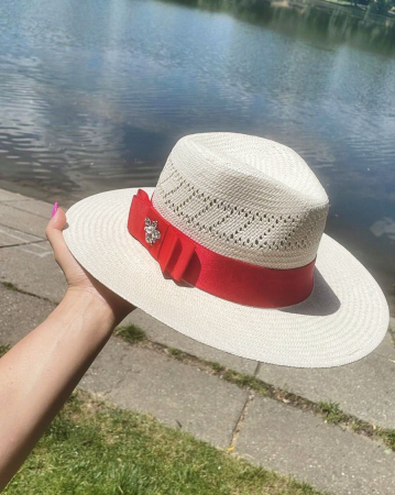 Palarie alba Handmade Unisex din paie cu bentita si accesoriu la alegere [10]