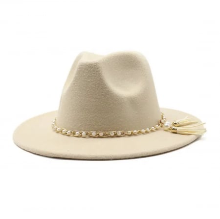 Palarii Dama - Palarie Crem Handmade cu Lant detasabil cu perle si franjuri