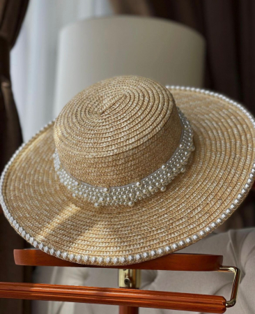 Palarii de plaja - Palarie de Soare Handmade din paie cu Perle Luxury si bentita cu perle