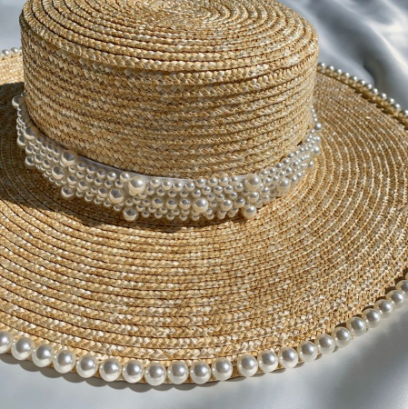 Palarie de Soare Handmade din paie cu Perle Luxury si bentita cu perle [9]