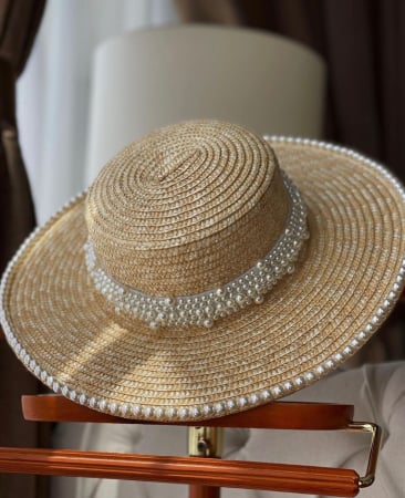 Toate palariile - Palarie de Soare Handmade din paie cu Perle pe bor si pe bentita