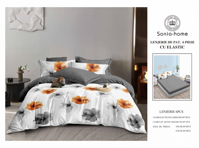 Lenjerie de pat bumbac 6 piese, cu elastic, gri inchis- alb, imprimeu flori watercolor [1]