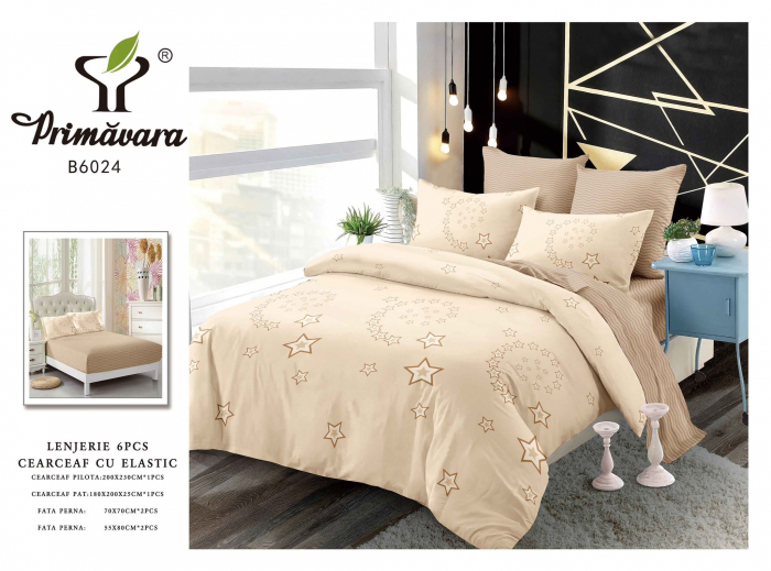 Lenjerie de pat bumbac 6 piese, cu elastic, nuante de crem, imprimeu stelute [1]