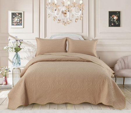 Cuverturi Pat - Cuvertura Pat bej cu model matlasat tip "Jacquard"