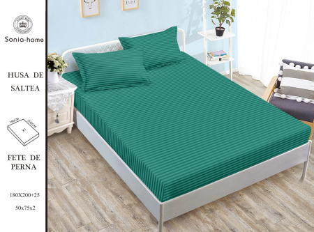 Husa de pat si fete de perna damasc - Husa de pat cu 2 fete de perna, cu elastic,  Damasc, Verde Smarald