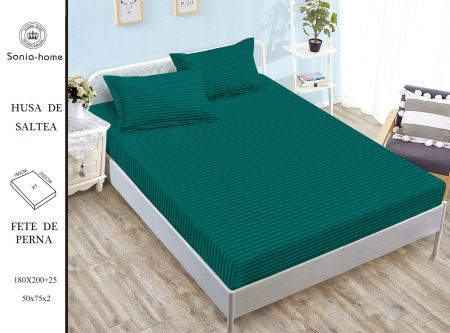 Husa de pat si fete de perna damasc - Husa de pat cu 2 fete de perna, cu elastic,  Damasc, Verde