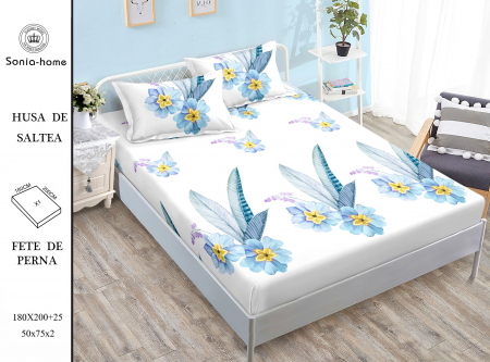 Husa de pat si fete de perna - Husa de pat cu 2 fete de perna, cu elastic, alb cu imprimeu flori bleu