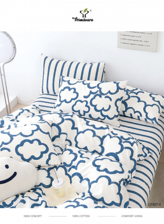 Lenjerii 100% bumbac - 4 piese - Lenjerie Bumbac 100% cu elastic, 4 piese, alb-albastru, imprimeu nori si dungi