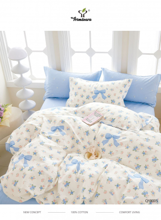 Lenjerii 100% bumbac - 4 piese - Lenjerie Bumbac 100% cu elastic, 4 piese, alb-albastru, imprimeu flori si fundite