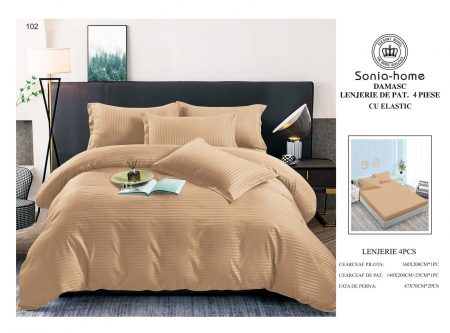 Lenjerie Damasc, 4 piese - Lenjerie Damasc, cu elastic, 4 piese, Mocha