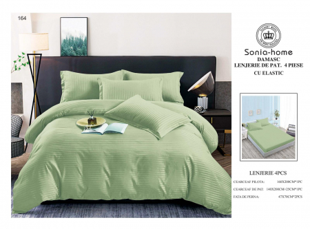 Lenjerie Damasc, 4 piese - Lenjerie Damasc, cu elastic, 4 piese, Verde Fistic