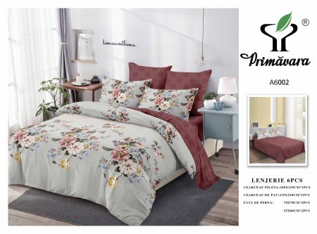 Lenjerii de pat 6 piese fara elastic - Lenjerie de pat bumbac 6 piese, multicolor, imprimeu floral elegant