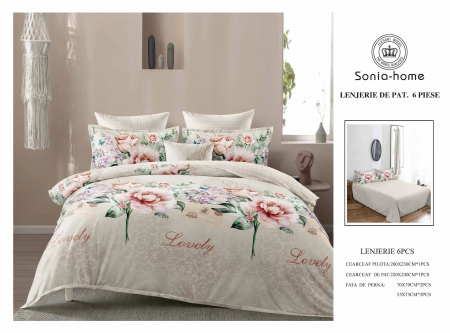 Lenjerii de pat 6 piese fara elastic - Lenjerie de pat bumbac 6 piese crem, imprimeu floral