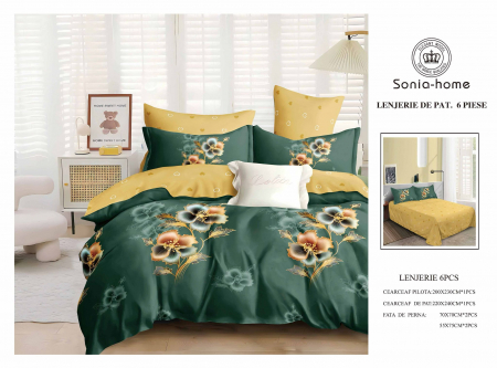 Lenjerii de pat 6 piese fara elastic - Lenjerie de pat bumbac 6 piese verde inchis- auriu, imprimeu floral