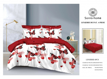 Lenjerii de pat 6 piese fara elastic - Lenjerie de pat bumbac 6 piese alb cu rosu, imprimeu fluturi