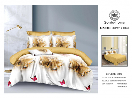 Lenjerii de pat 6 piese fara elastic - Lenjerie de pat bumbac 6 piese alb cu auriu, imprimeu fluturi
