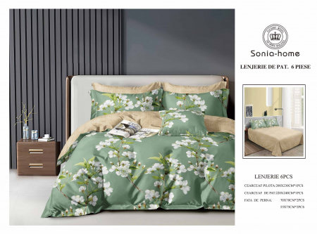 Lenjerii de pat 6 piese fara elastic - Lenjerie de pat bumbac 6 piese verde cu auriu,  imprimeu floral