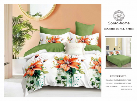 Lenjerii de pat 6 piese fara elastic - Lenjerie de pat bumbac 6 piese alb cu verde deschis, imprimeu flori