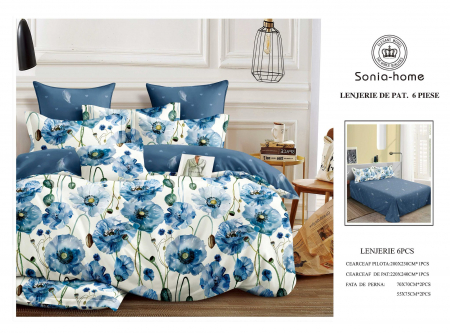 Lenjerii de pat 6 piese fara elastic - Lenjerie de pat bumbac 6 piese nuante de albastru, imprimeu floral
