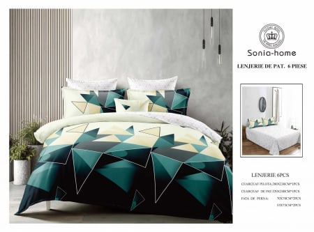 Lenjerii de pat 6 piese fara elastic - Lenjerie de pat bumbac 6 piese nuante de verde, imprimeu geometric