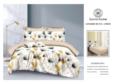 Lenjerii de pat 6 piese fara elastic - Lenjerie de pat bumbac 6 piese alb - crem, imprimeu floral