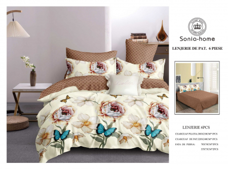 Lenjerii de pat 6 piese fara elastic - Lenjerie de pat bumbac 6 piese mocha- galben, imprimeu flori si fluturi