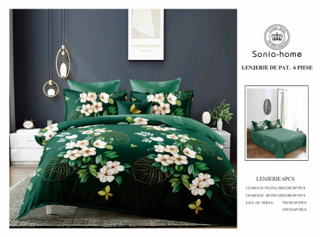 Lenjerii de pat 6 piese fara elastic - Lenjerie de pat bumbac 6 piese nuante de verde smarald, imprimeu floral