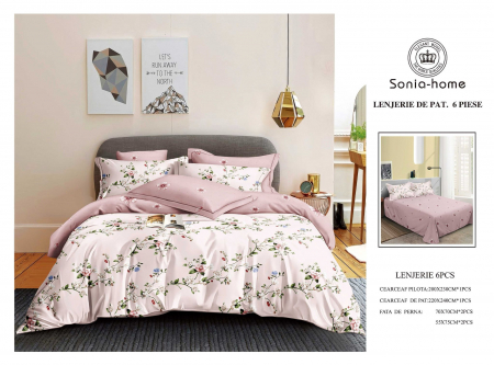 Lenjerii de pat 6 piese fara elastic - Lenjerie de pat bumbac 6 piese nuante de roz, imprimeu floral