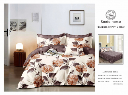 Lenjerii de pat 6 piese fara elastic - Lenjerie de pat bumbac 6 piese culori pamantii, imprimeu floral