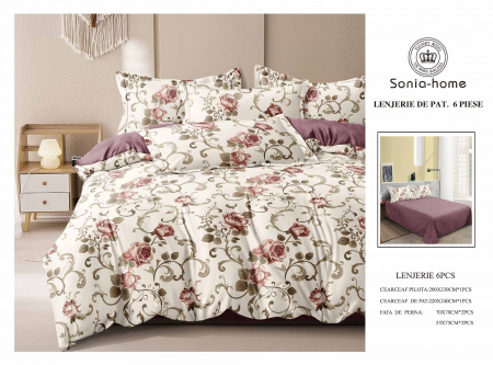 Lenjerii de pat 6 piese fara elastic - Lenjerie de pat bumbac 6 piese imprimeu trandafiri