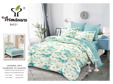 Lenjerii de pat cu elastic - Lenjerie de pat bumbac 6 piese, cu elastic, nuante de turcoaz, stol de pasari