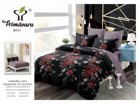 Lenjerii de pat cu elastic - Lenjerie de pat bumbac 6 piese, cu elastic, negru-mov, imprimeu floral