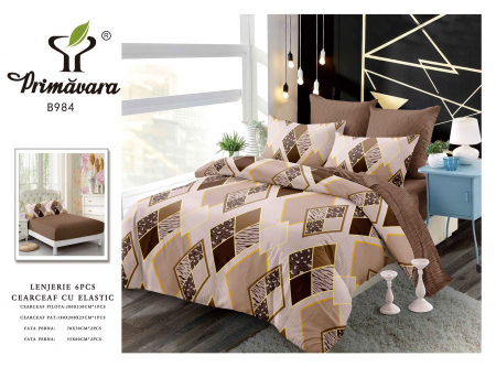 Lenjerii de pat cu elastic - Lenjerie de pat bumbac 6 piese, cu elastic, mocha-gold, imprimeu geometric