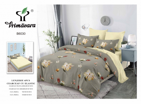Lenjerii de pat cu elastic - Lenjerie de pat bumbac 6 piese, cu elastic, galben-verde, imprimeu flori