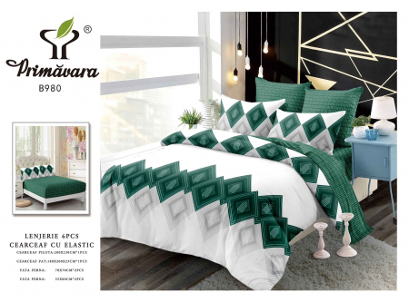 Lenjerii de pat cu elastic - Lenjerie de pat bumbac 6 piese, cu elastic, alb-verde, carouri abstract