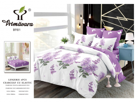 Lenjerii de pat cu elastic - Lenjerie de pat bumbac 6 piese, cu elastic, alb-mov, imprimeu flori liliac