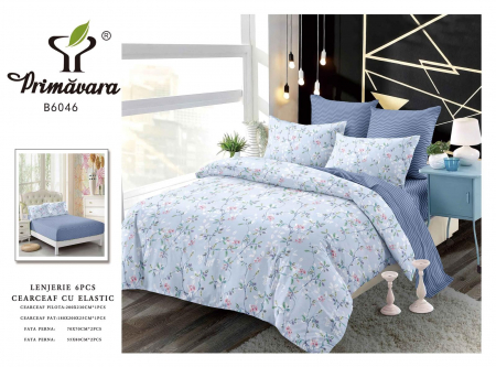 Lenjerii de pat cu elastic - Lenjerie de pat bumbac 6 piese, cu elastic, albastru-bleu, flori de primvara