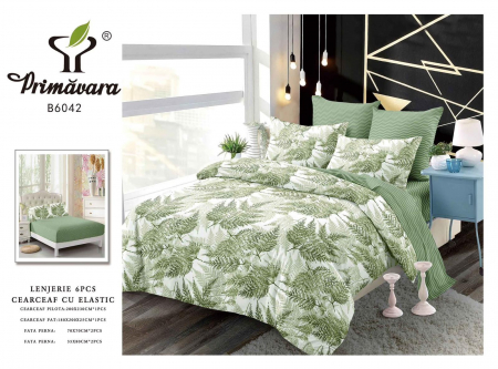 Lenjerii de pat cu elastic - Lenjerie de pat bumbac 6 piese, cu elastic, verde, model forest