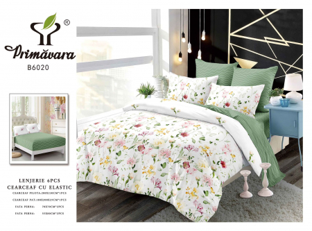 Lenjerii de pat cu elastic - Lenjerie de pat bumbac 6 piese, cu elastic, verde, imprimeu flori de primavara