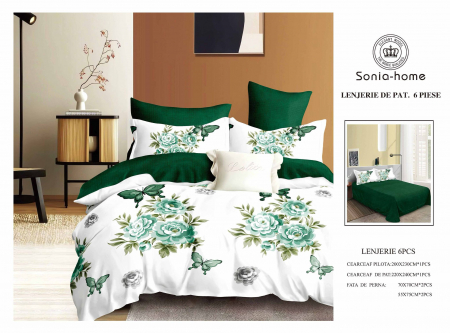 Lenjerii de pat 6 piese fara elastic - Lenjerie de pat bumbac 6 piese alb cu verde, imprimeu floral