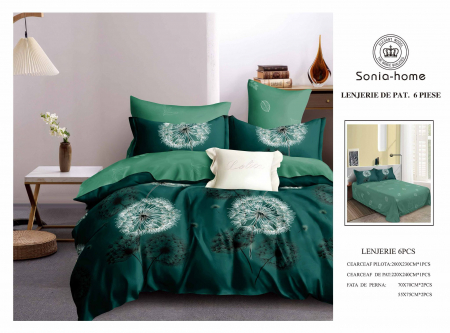 Lenjerii de pat 6 piese fara elastic - Lenjerie de pat bumbac 6 piese Verde cu imprimeu papadie