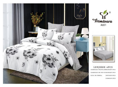Lenjerii de pat 6 piese fara elastic - Lenjerie de pat bumbac 6 piese, nuante de gri si trandafiri