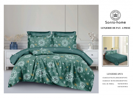 Lenjerii de pat 6 piese fara elastic - Lenjerie de pat bumbac 6 piese verde, imprimeu floral