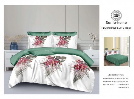Lenjerii de pat 6 piese fara elastic - Lenjerie de pat bumbac 6 piese alb cu verde, imprimeu flori si frunze