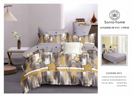Lenjerii de pat 6 piese fara elastic - Lenjerie de pat bumbac 6 piese imprimeu abstract, stelute