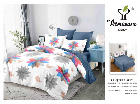 Lenjerii de pat 6 piese fara elastic - Lenjerie de pat bumbac 6 piese,alb-albastru, imprimeu frunze multicolor