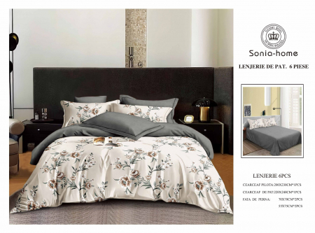 Lenjerii de pat 6 piese fara elastic - Lenjerie de pat bumbac 6 piese alb- gri, imprimeu floral