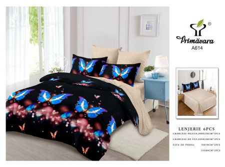 Lenjerii de pat 6 piese fara elastic - Lenjerie de pat bumbac 6 piese, negru-crem, imprimeu fluturi